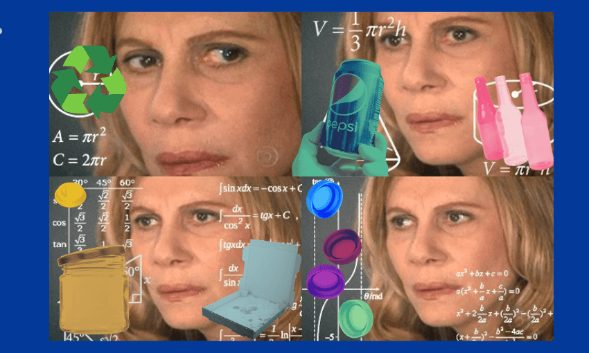 the confused lady math meme, four frames of a woman looking puzzled with maths formulas floating in front of her face, and different items, like lids, pizza boxes, recycling symbols, cans floating around her