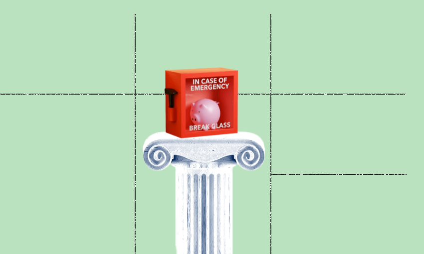 The image shows a classical column with an emergency box placed on top. The emergency box is red and has a piggy bank inside it. The box has a label that reads "IN CASE OF EMERGENCY BREAK GLASS."