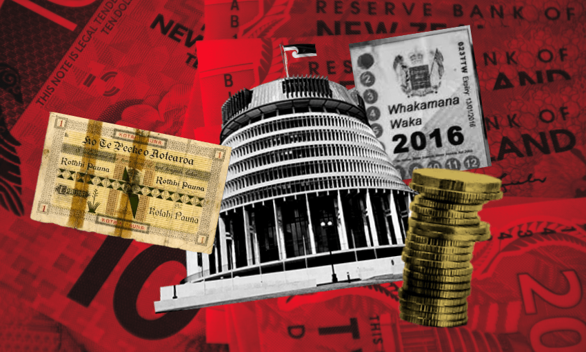 The Beehive with a tino rangatiratanga flag on top, bank note from Te Peeke o Aotearoa, a warrant of fitness issued by the Governement of Aotearoa, and some gold coins, with New Zealand bank notes as the background.