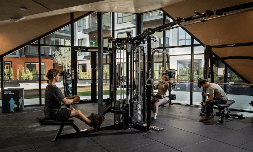 A modern gym with large windows showing an outdoor courtyard. Three people are using different gym equipment: one is rowing on a machine, another is using a cable machine, and the third is seated, focusing on another piece of equipment.