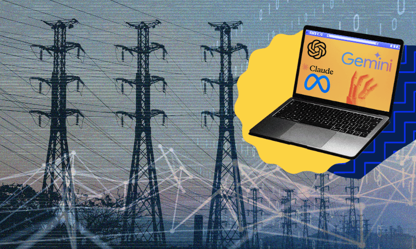 a slightly opmenous background of power poles and 0 and 1s representing AI with a yellow toned lowatop featureing the logos of meta, google's gemina, Chat GPT and Claude on the screen