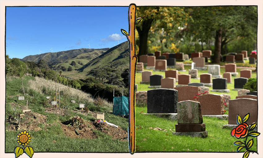 The natural burial cemetery on the left; a traditional style on the right. Image design by Tina Tiller. 
