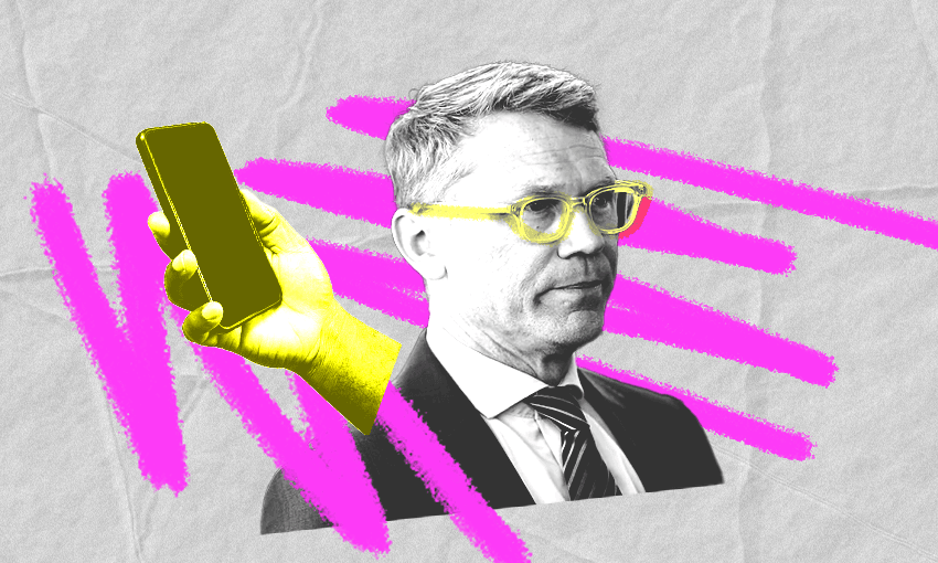 Paul Goldsmith against a grey background with bold pink stripes and a hand holding a phone