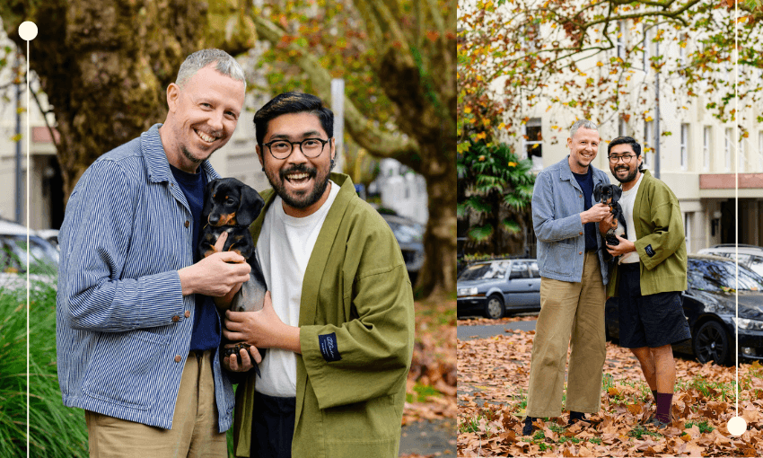 Stuart Houghton and Kier Ibanez with Daphne the dachshund on Parliament Street. (Photo: Jinki Cambronero). 
