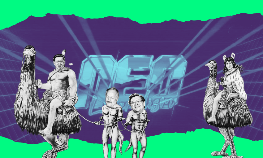 A background has "neoliberalism" written on it with elements form Pātea Māori Club's Poi E album cover overlayed.