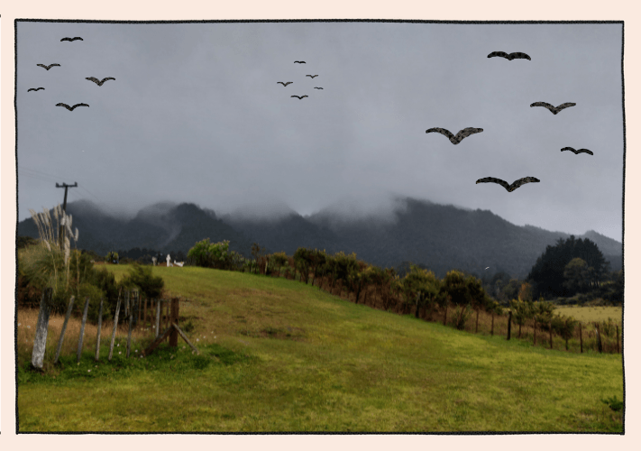 Orowhana mountain, covered with clouds. There is a cemetery in the foreground with a grassy hill.