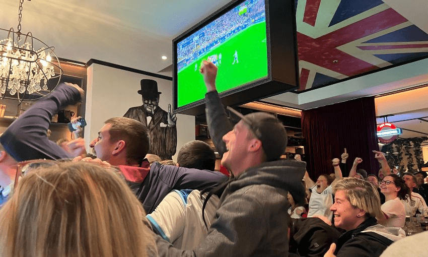 The crowd at The Fox celebrate England's win over the Netherlands.