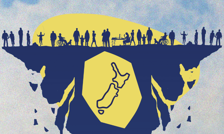 The image depicts silhouettes of various people, including those in wheelchairs and families, standing on a cliff-like structure. The background has a large yellow sun or light source, and the middle of the image shows an outline map of New Zealand.