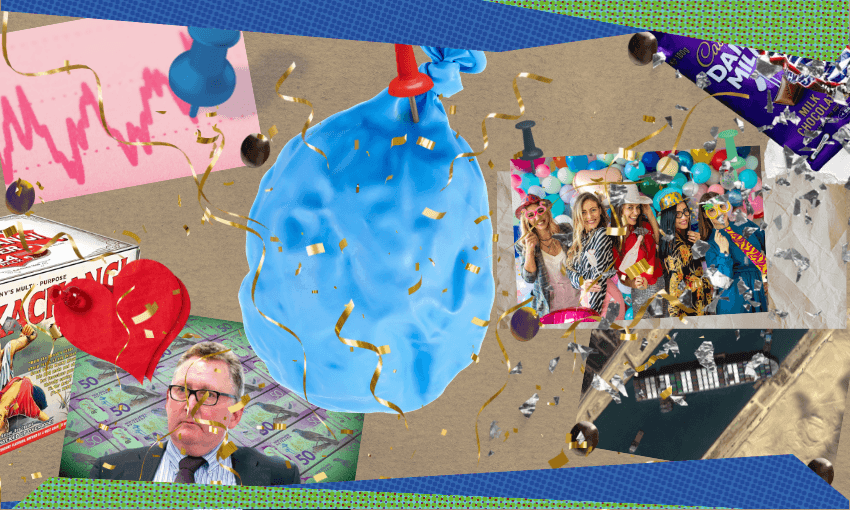a cork board with a defalted baloon, some chocolate bar wrappers , a picture of adrian orr and confetti