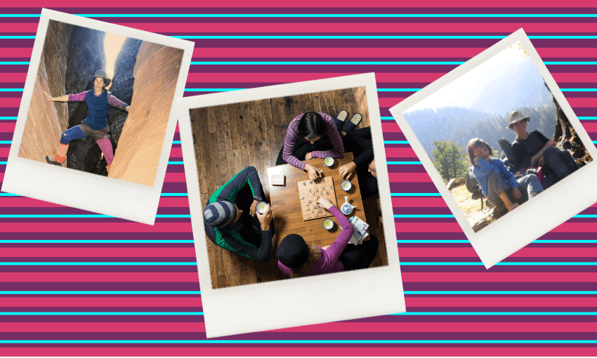 a stripey pink, purply and aquamarine background with three polatoid pictures, one of a kid in blue polypro, one of a woman in a canyon wearing stripes, and one of people in stripes gathering around a table to pay boardgames