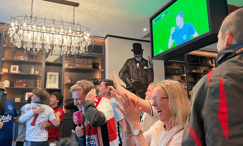 The crowd at The Fox celebrate England's victory over the Netherlands in the Euros.