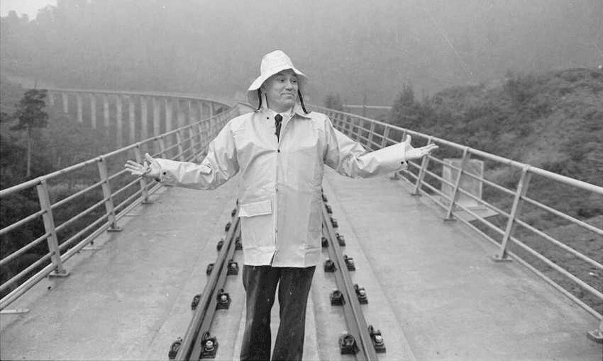 Richard Prebble on the new Hapuawhenua Viaduct near Ohakune in 1987 (Photo: Evening Post/Alexander Turnbull Library/records/22712148) 

