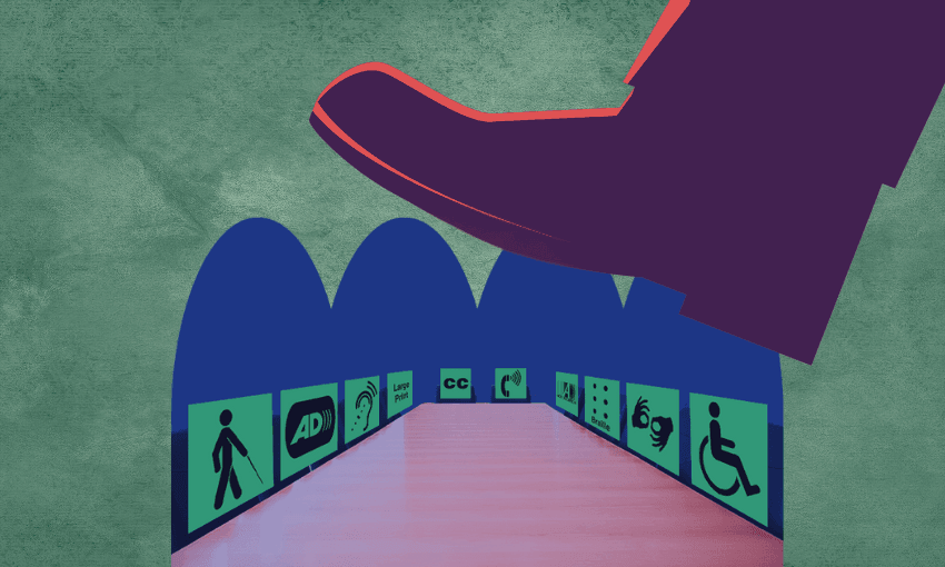 Against a green background, alarge foot is coming down on top of a image of a long hallway surrounded by a number of disability access symbols