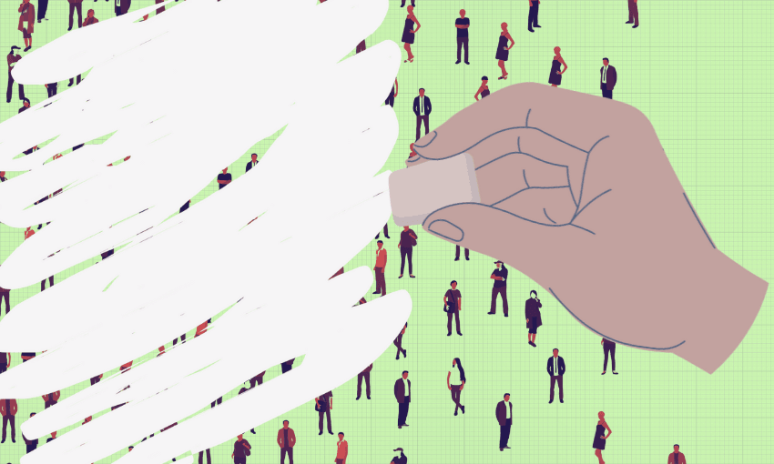 a large hand holding an eraser is erasing a large proportion of a group of people. the background is green grid paper