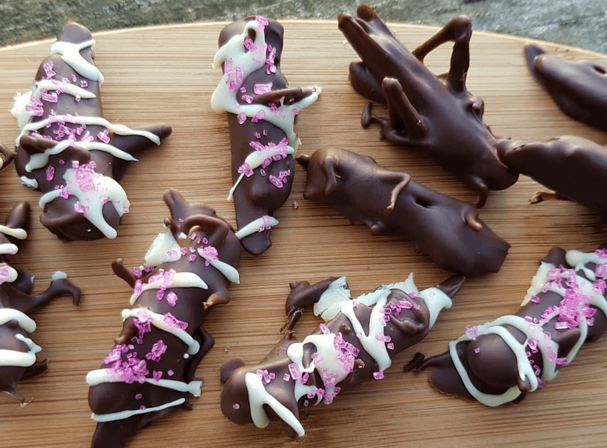 Chocolate covered locusts scattered with dried raspberries