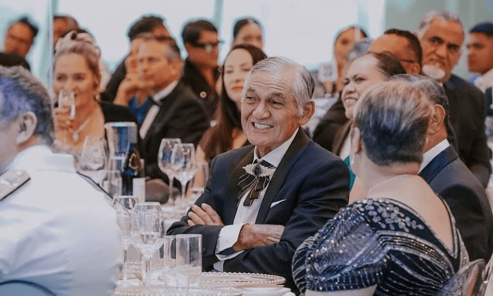 Kiingi Tuheitia smiles at the Kiingitanga 165th anniversary event at Tamaki Paenga Hira/Auckland Museum in December 2023.