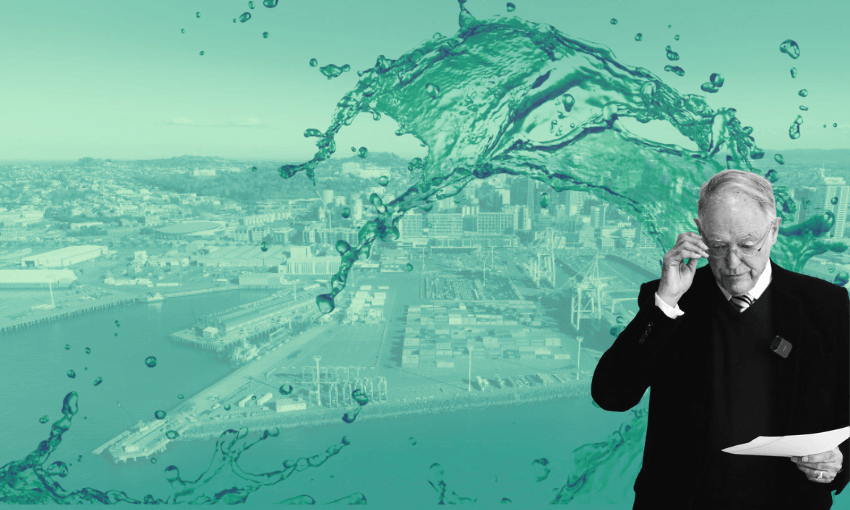 A black and white Don Brash adjusts his glasses with an aerial view of the Port of Auckland and a wave in the background.