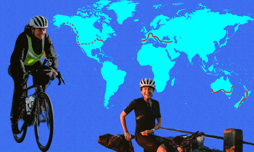 Wilcox is friendly and full of smiles even on day 73 of her attempt to break a world record. (Images: Rugile Kaladyte, additional design by The Spinoff) 
