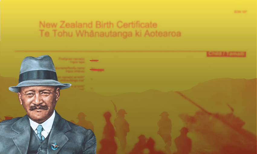 A drawing of Tahupotiki Wiremu Rātana superimposed on an amber background with a New Zealand birth certificate and pictures of soldiers at the bottom.