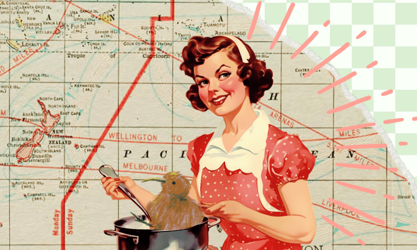 Retro 50s housewife with a kiwi bird in a pot on old New Zealand map background