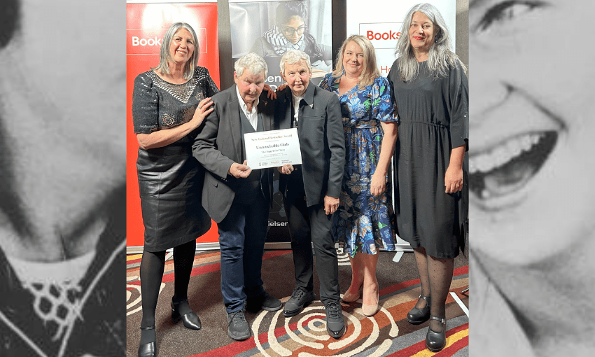 Jools and Lynda Topp and their publishers, Allen & Unwin NZ with their award for bestselling title in NZ at this year’s Book Industry Awards.  
