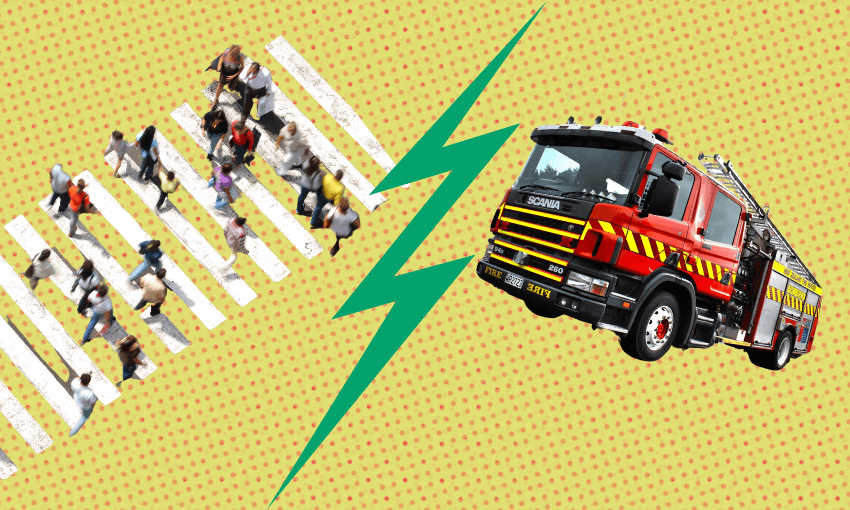 a page with yellow background divided in two. on one side a pedestrian crossing, on another a firetruck