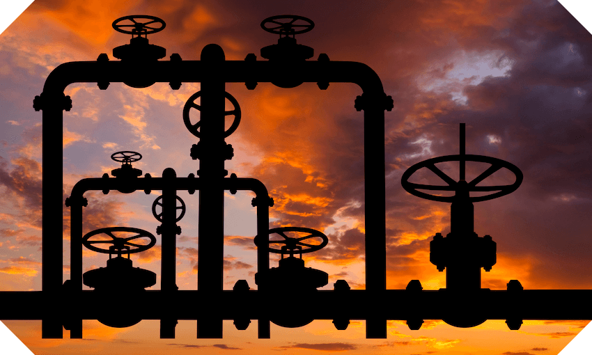 a network of gas pipes against a background of a sunrise or sunset against clouds