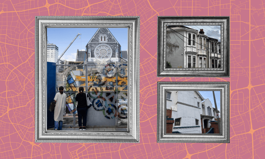 Christchurch Cathedral, Aro Valley character houses, and 284 Stuart Street, Dunedin (Photos: Getty Images; CC BY-SA 3.0; design by The Spinoff) 
