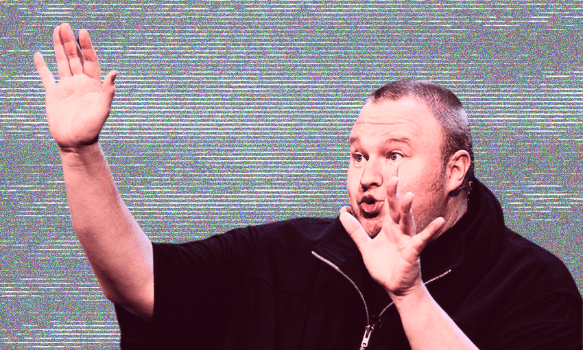 Dotcom is known for his ability to get headlines – even after a numbing decade of legal updates (Image: Getty, with additional design by The Spinoff) 
