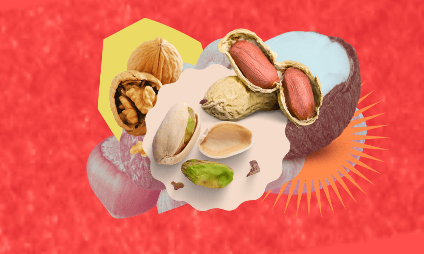 a textured red background with nuts layered on top of nuts and coconuts, walnuts, and pistachios visible