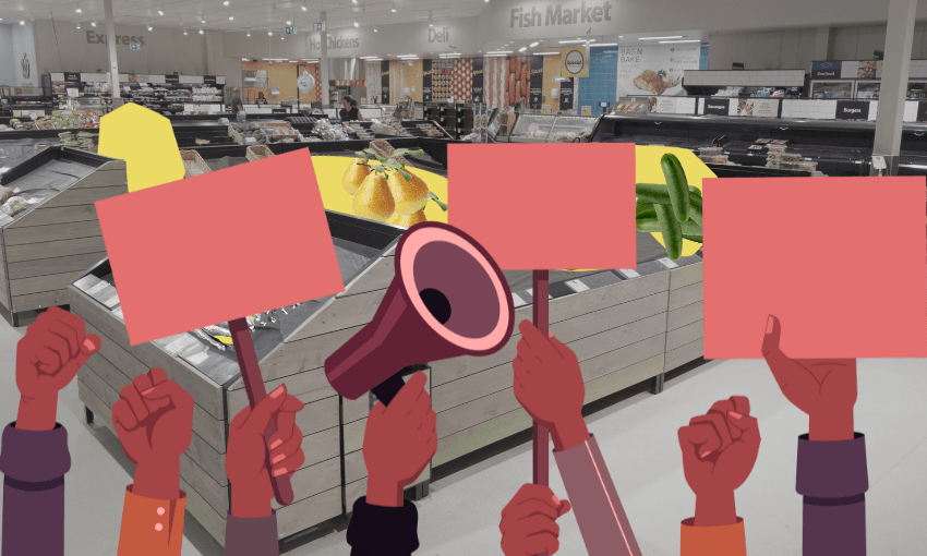 red hands holding protest signgs against a desaturated supermarket background