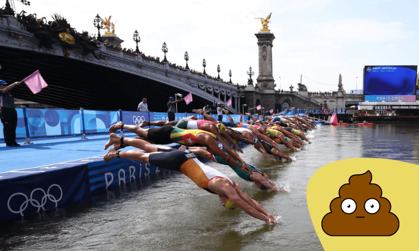 athletes in their national uniforms dive into the seine which is a muddy greeish brown colour and doens't look particularly appealing. there's a poo emoji in the corner