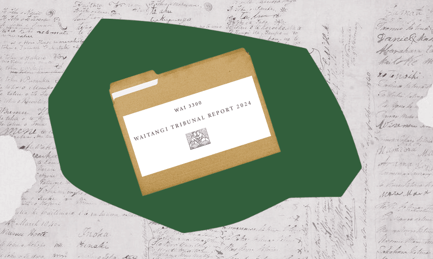 a manila folder with WAI 3300 Waitangi Tribunal text and logo on it, against a dark green shape, against a background of the Treaty of Waitangi signatures