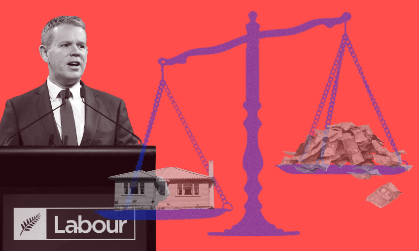 Chris Hipkins speaks at a podium with a Labour sign on it. To his right is a scales symbol, with a house on one side and a pile of cash on the other. The background to the whole image is red.