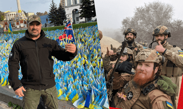 Left: Owen Pomana holds poppies in Kyiv’s Independence Square. Right: Jordan O’Brien with 131st Separate Recon Battalion after the liberation of Kherson. (Photos supplied, additional design by The Spinoff) 
