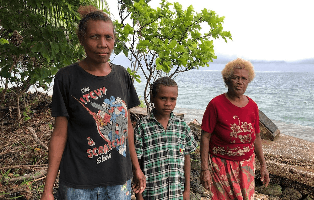 three people, an woman in a graphic tshirt, a yount boy of about thirteen in a green tshirt and a grandma with a curly afro, with mangroves and the saw in the background, looking a bit glum