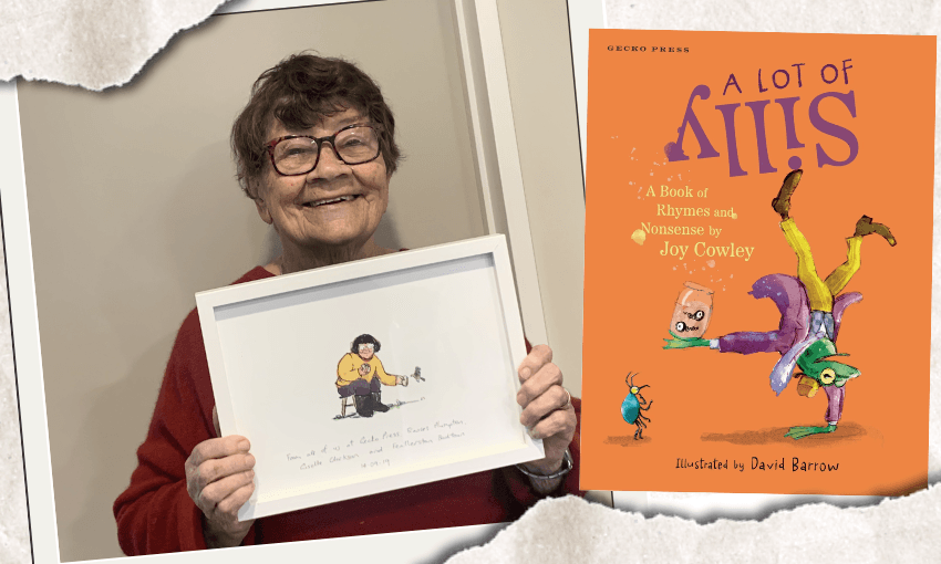 Joy Cowley in her Ōtepoti home, 2024; and her latest book, A Lot of Silly.