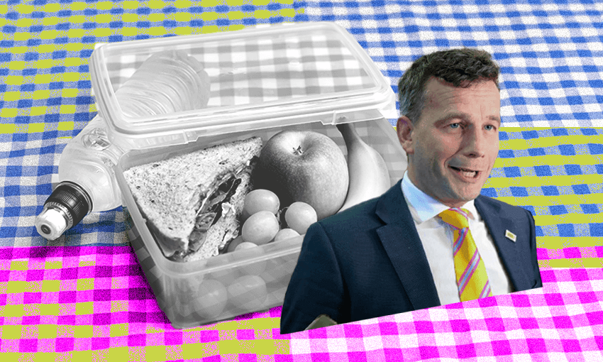 David seymour against a chequered tablecloth background with a lunchbox on top