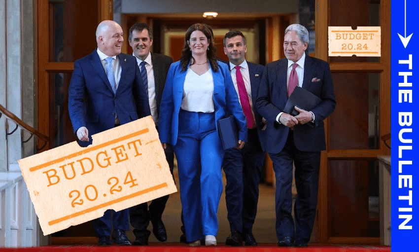 Christopher Luxon, Chris Bishop, Nicola Willis, David Seymour and Winston Peters head into the house on budget day (Photo: Hagen Hopkins / Getty Images) 
