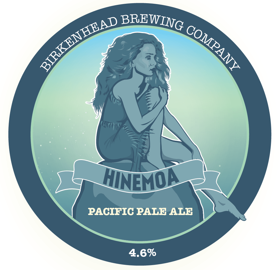 A logo used for the "Hinemoa" beer from Birkenhead Brewing Co. The image features a depiction of a Māori woman sitting on a rock.