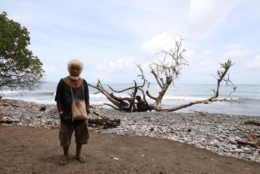 an older brown man with a rocky shore and the sea behind him and a shock of curly white hair