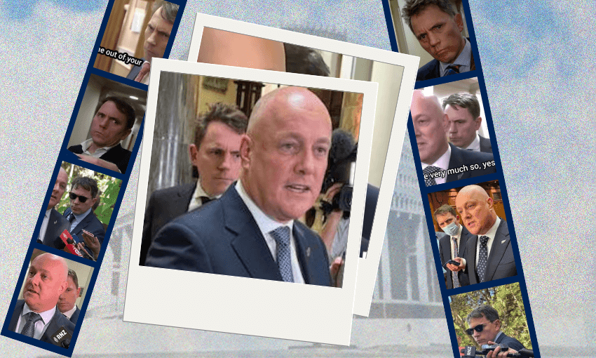 a selection of screen shots of Hamish Rutherford standing behind Luxon in polaroid-style frames, against a blue background with the Beehive on it