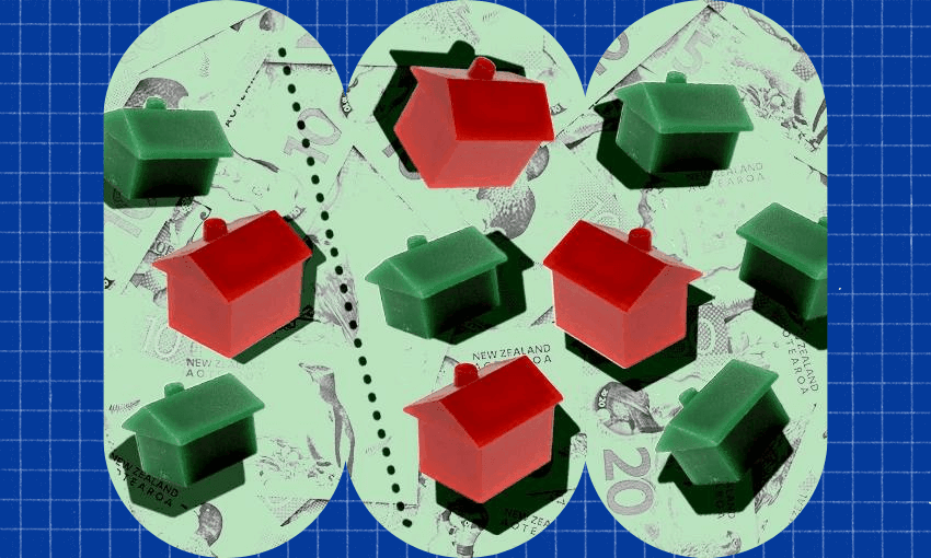 a blue grid background, with a shape filled with cash and monopoly houses on top