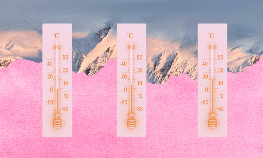 a pink background with temperature guagues going up and some upside-down mountains.