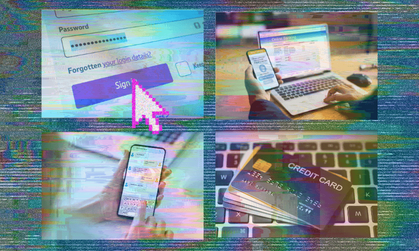 four screens showing various digital screens and credit cards against a keyboardagainst a pixellated background