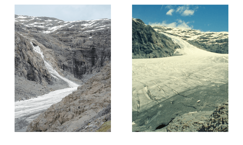 two pictures of the same alley , one with a fat healthy glacier, one with a small thin glacier