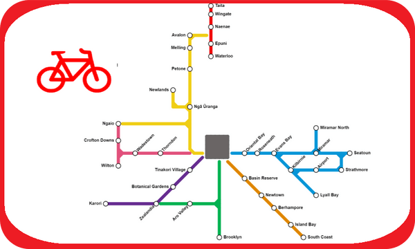 A metro map of Wellington’s cycleway network. Image: Joel MacManus, MetroMapMaker.  
