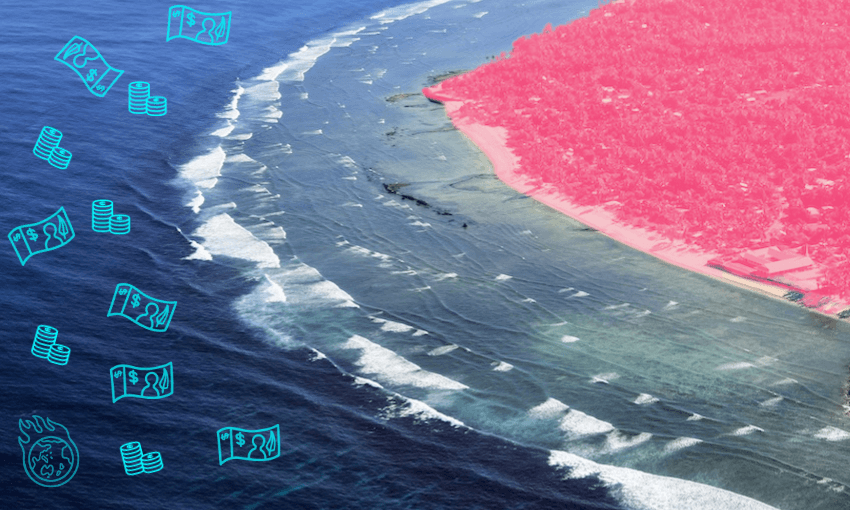 a pink tinged island with water around it and there is images of money in the waves