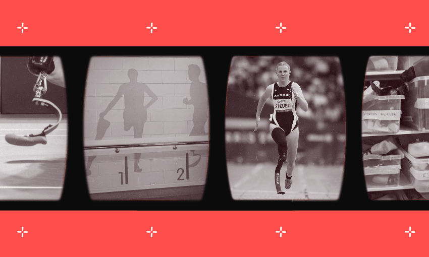 New Zealand badminton player Wojtek Czyz’s prosthetic in action at the Paris Paralympics; a wall decal at Peke Waihanga; NZ athlete Anna Steven competes in the 200m in Paris; spare feet at Peke Waihanga (Photos: Getty Images; Shanti Mathias)