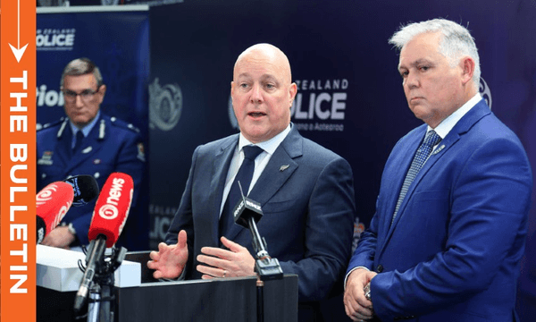 Christopher Luxon speaks at police HQ on September 19. (Photo by Hagen Hopkins/Getty Images) 
